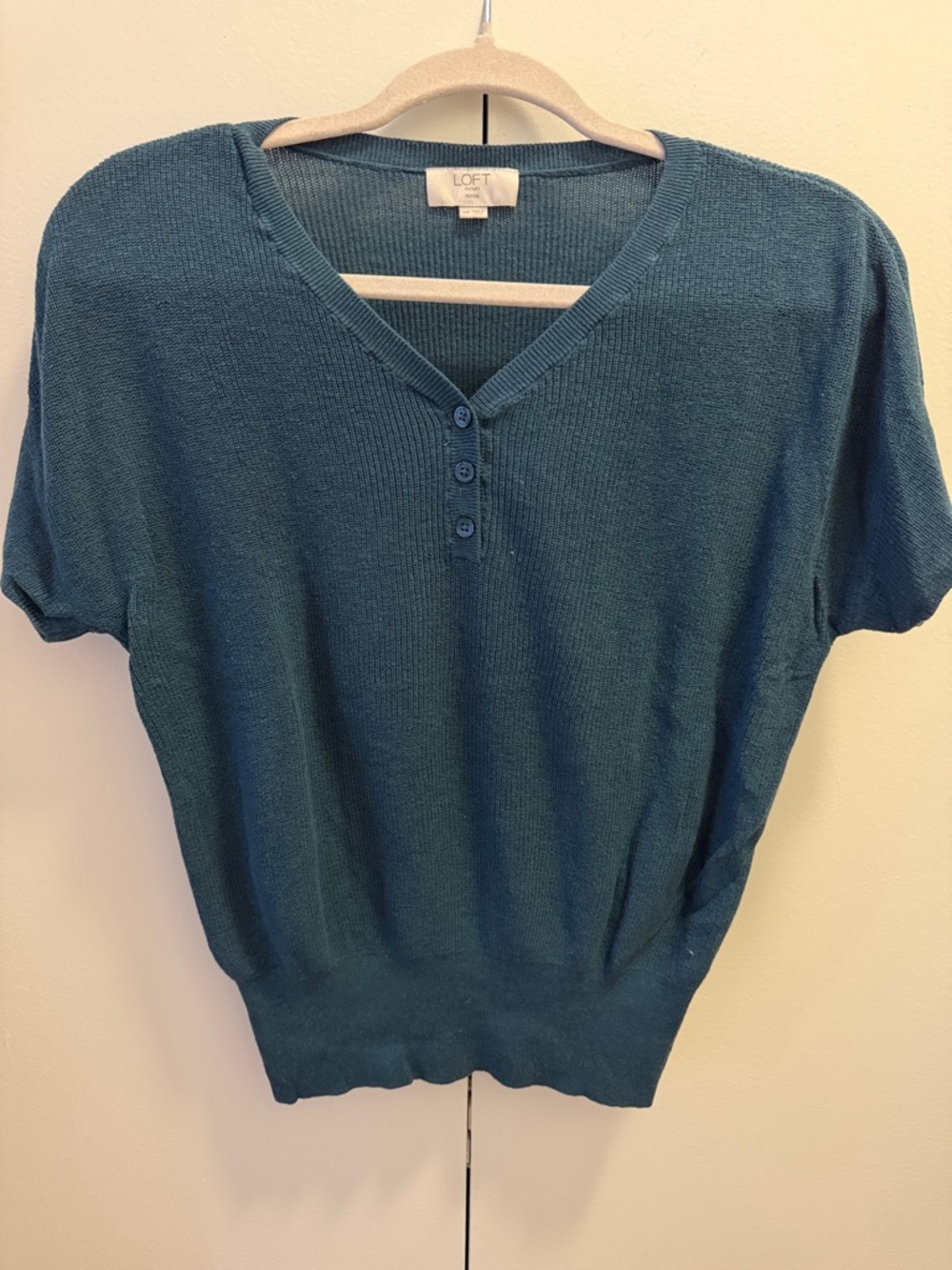 LOFT Teal Short-Sleeve V-Neck Button Pullover Top